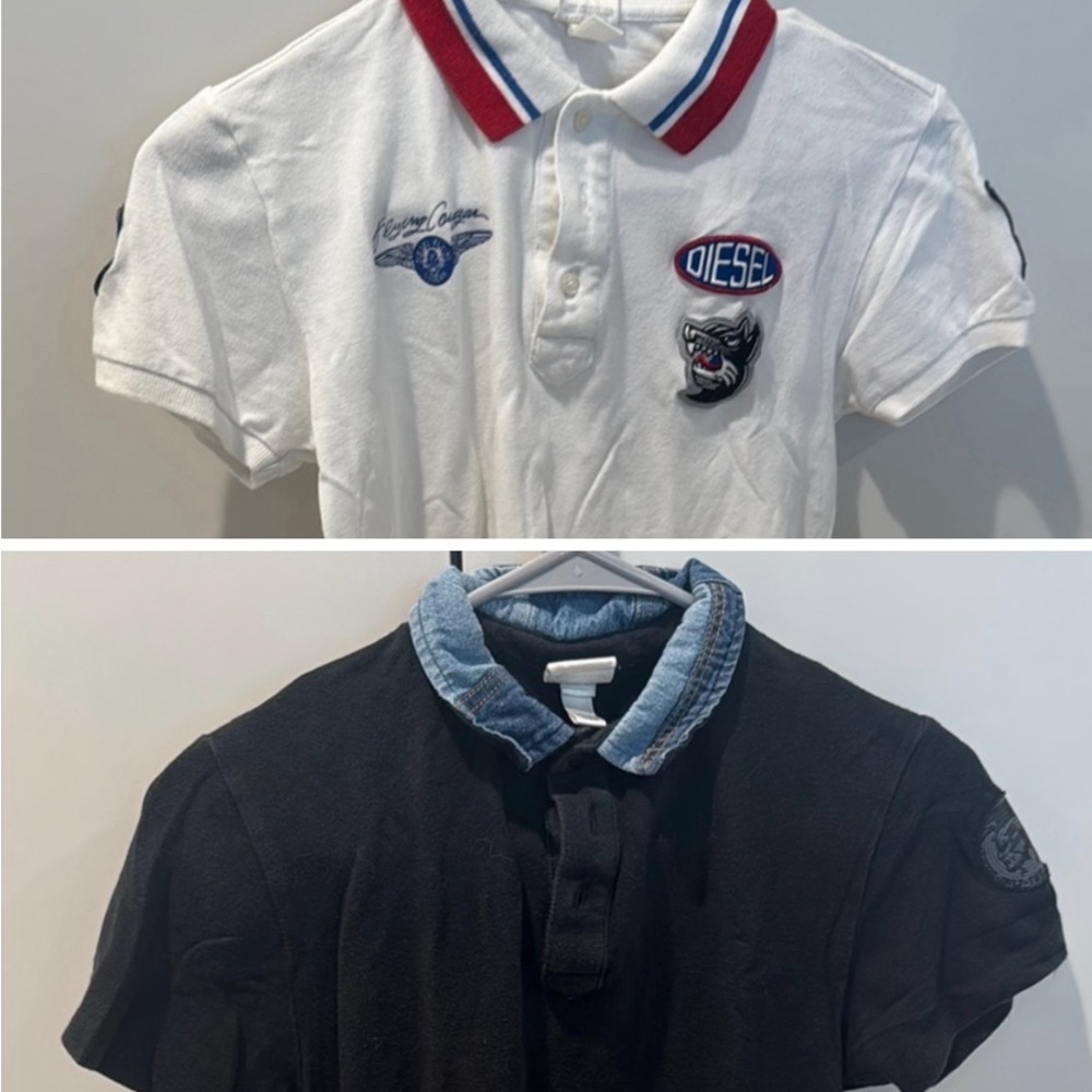 Diesel White Polo with Embroidered Logos and black polo with denim details.